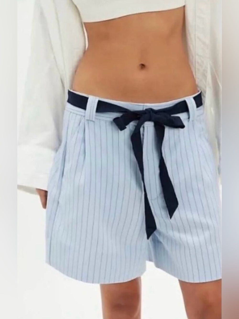 NWT Free People 10 Perfect Prep Trouser Shorts in Pale Blue Pinstripe New $98